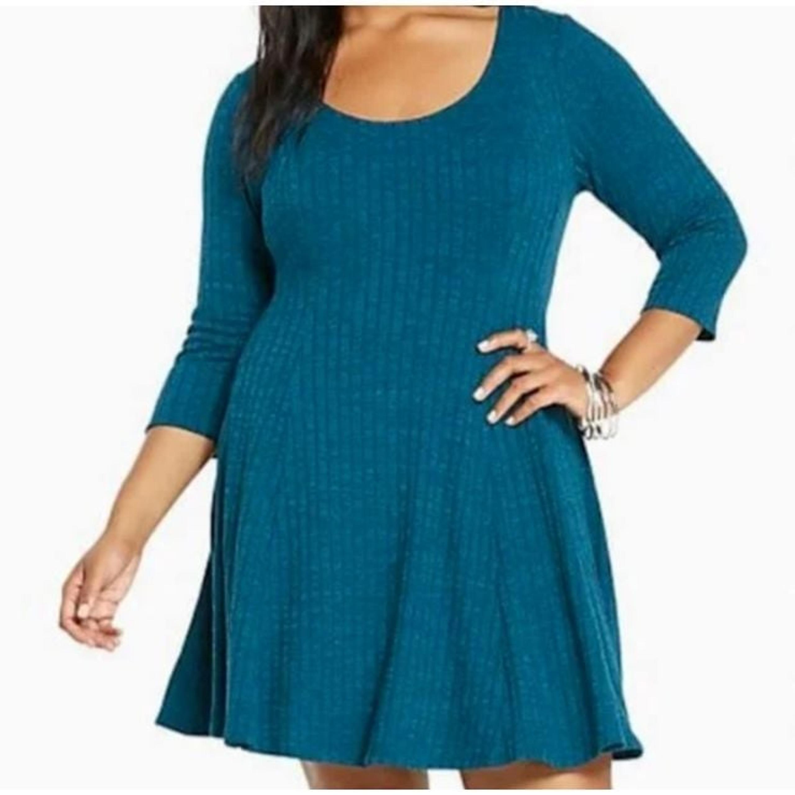 Torrid Skater Fit & Flare Dress Women Sz 0 Teal Blue Ribbed Stretch 3/4 Sleeve