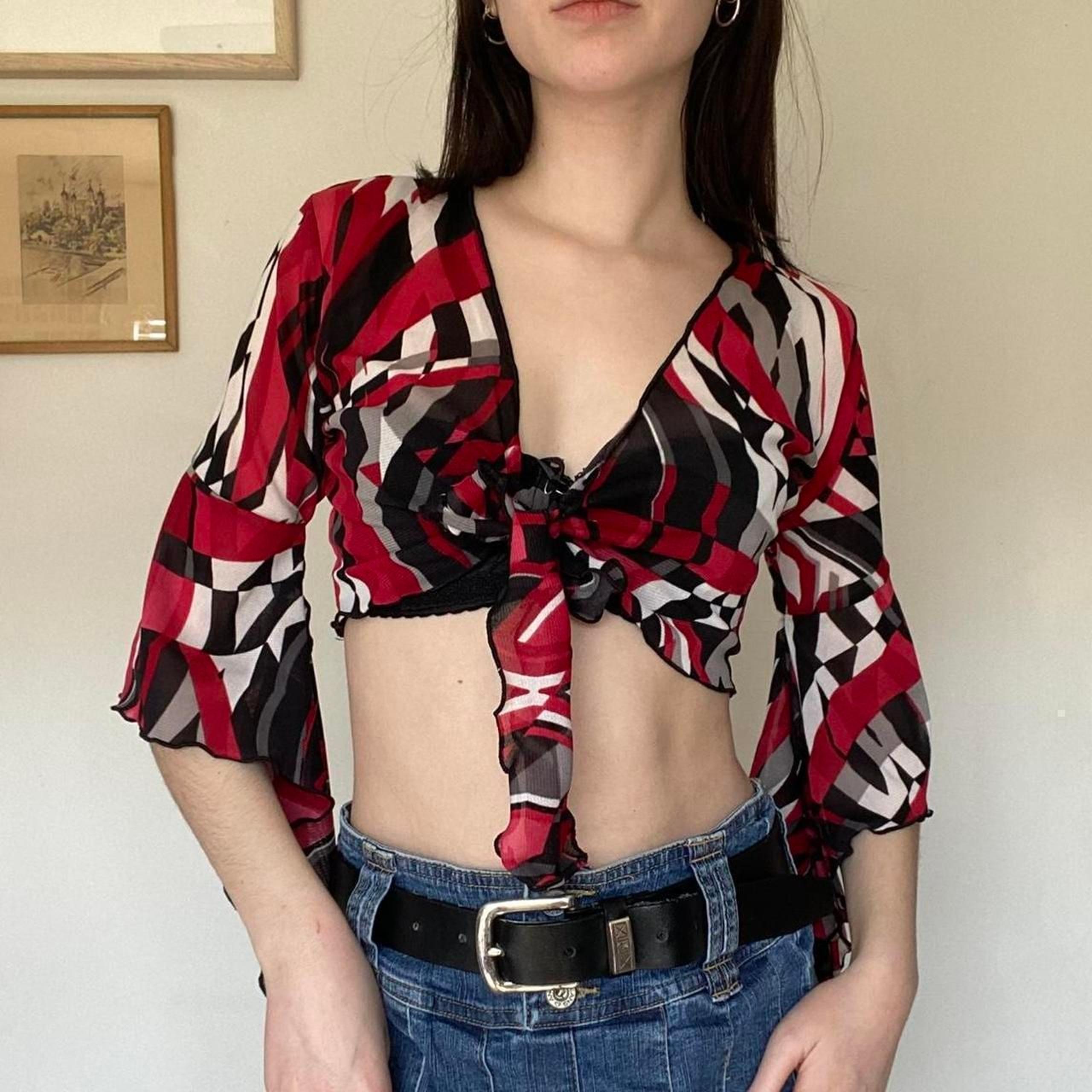 Y2K Vintage Red Cropped Ruffled Long Sleeve Tied Top