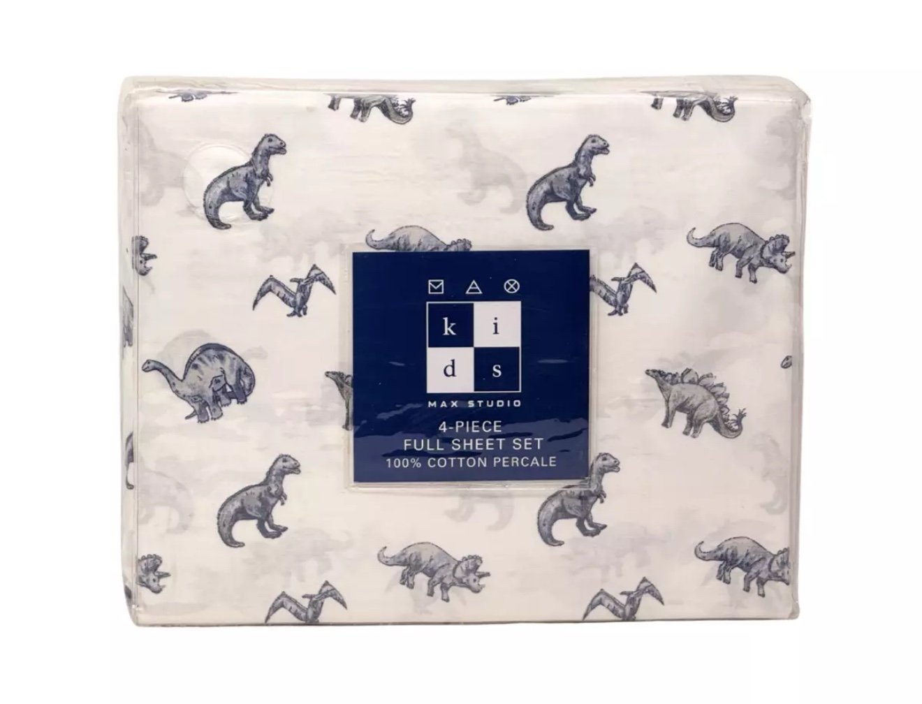 MAX STUDIO FULL 4PC 200 TC Soft Cotton Percale Blue Dinosaurs Dino Sheet Set NEW