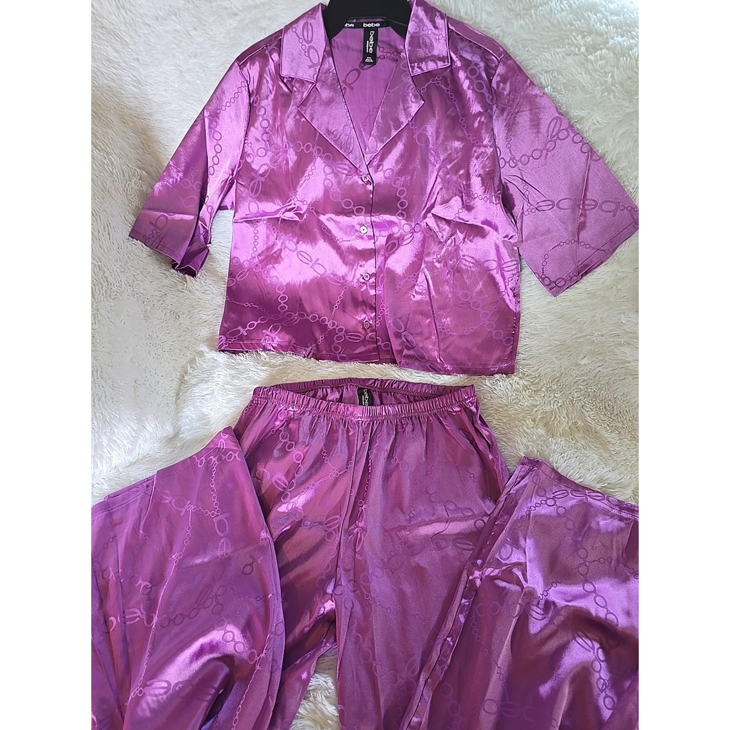 BEBE bebe Soft Shiny purple  Bling Pajamas Set 3/4  Sleeve Size Medium. NWT