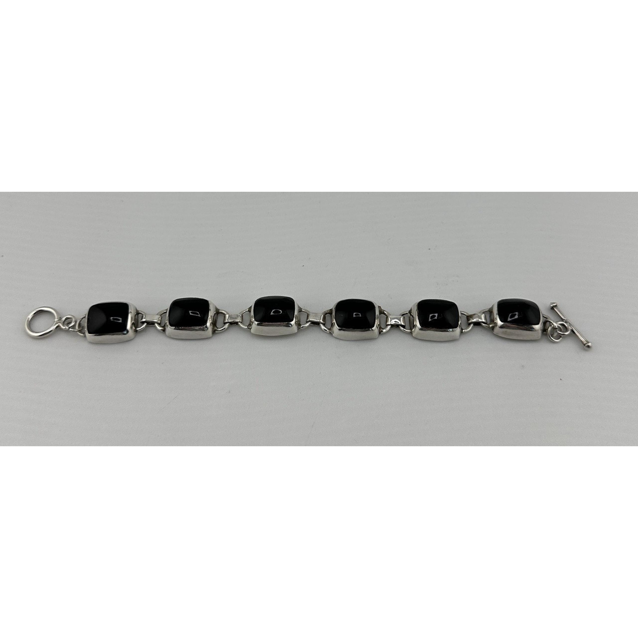 Vintage Taxco Mexico Sterling Black Onyx Moderist Block Link Bracelet 7.25"