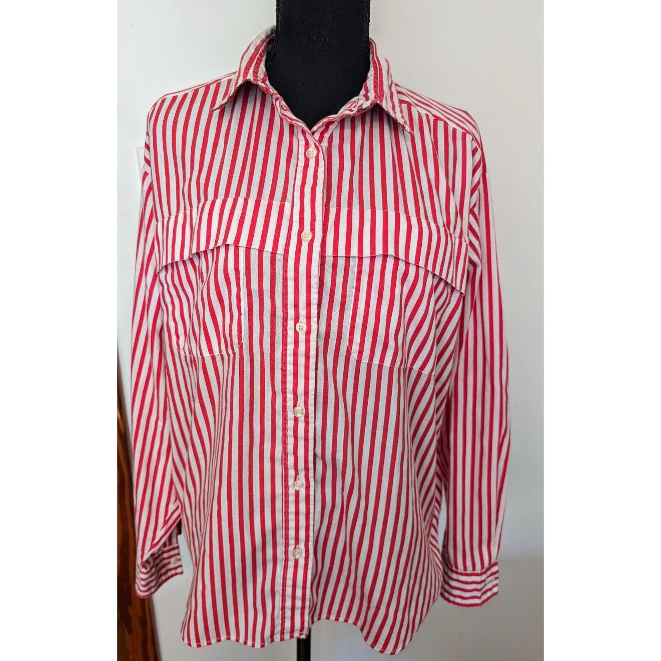 Vintage Casey & Max Women's 80s 90s Striped Button Down Shirt Red White LS M-L