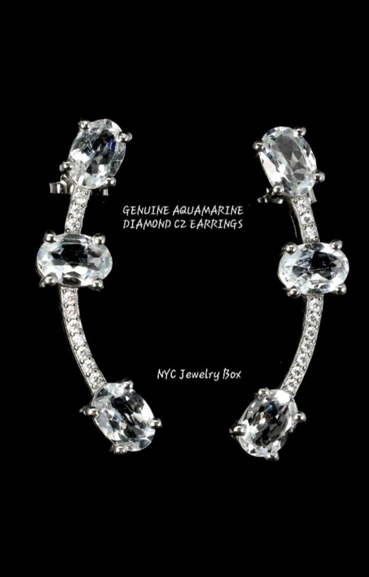 UNHEATED Genuine Aquamarine 14K WG 925 CRAWLER Earrings