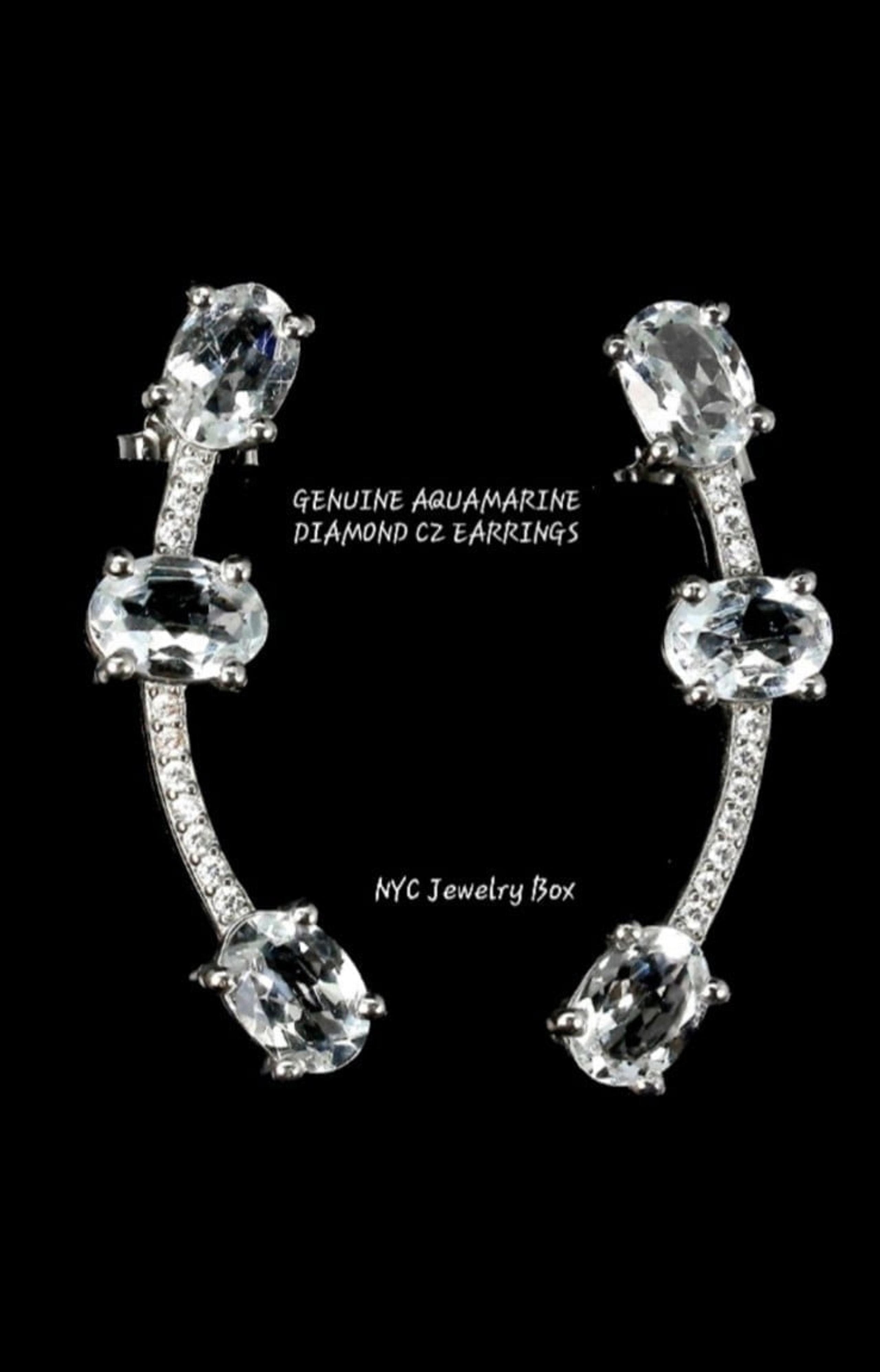 UNHEATED Genuine Aquamarine 14K WG 925 CRAWLER Earrings