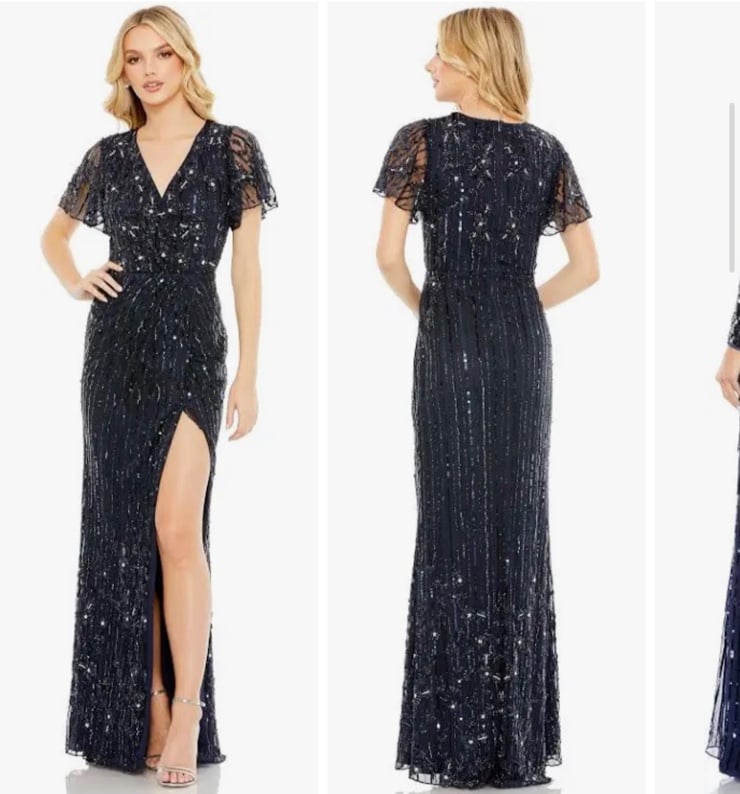 mac duggal embellished side slit gown beaded navy Sz 6 *FLAW*