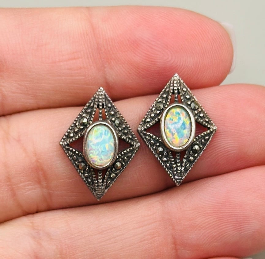Vintage Sterling Silver 925 Opal Stud Statement Earrings