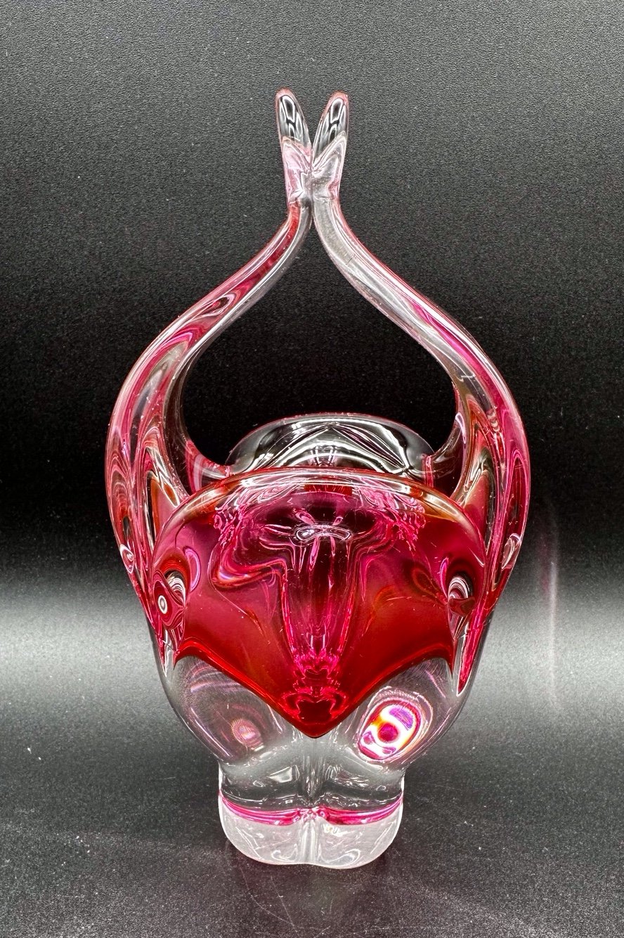 Vintage Czech Artist Joseph Hospodka Pink Glass Basket with Handle