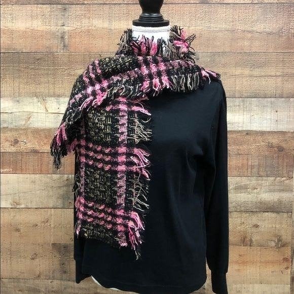 Tanner Wool Blend Fringed Pink Gray and Black Winter Plaid Scarf