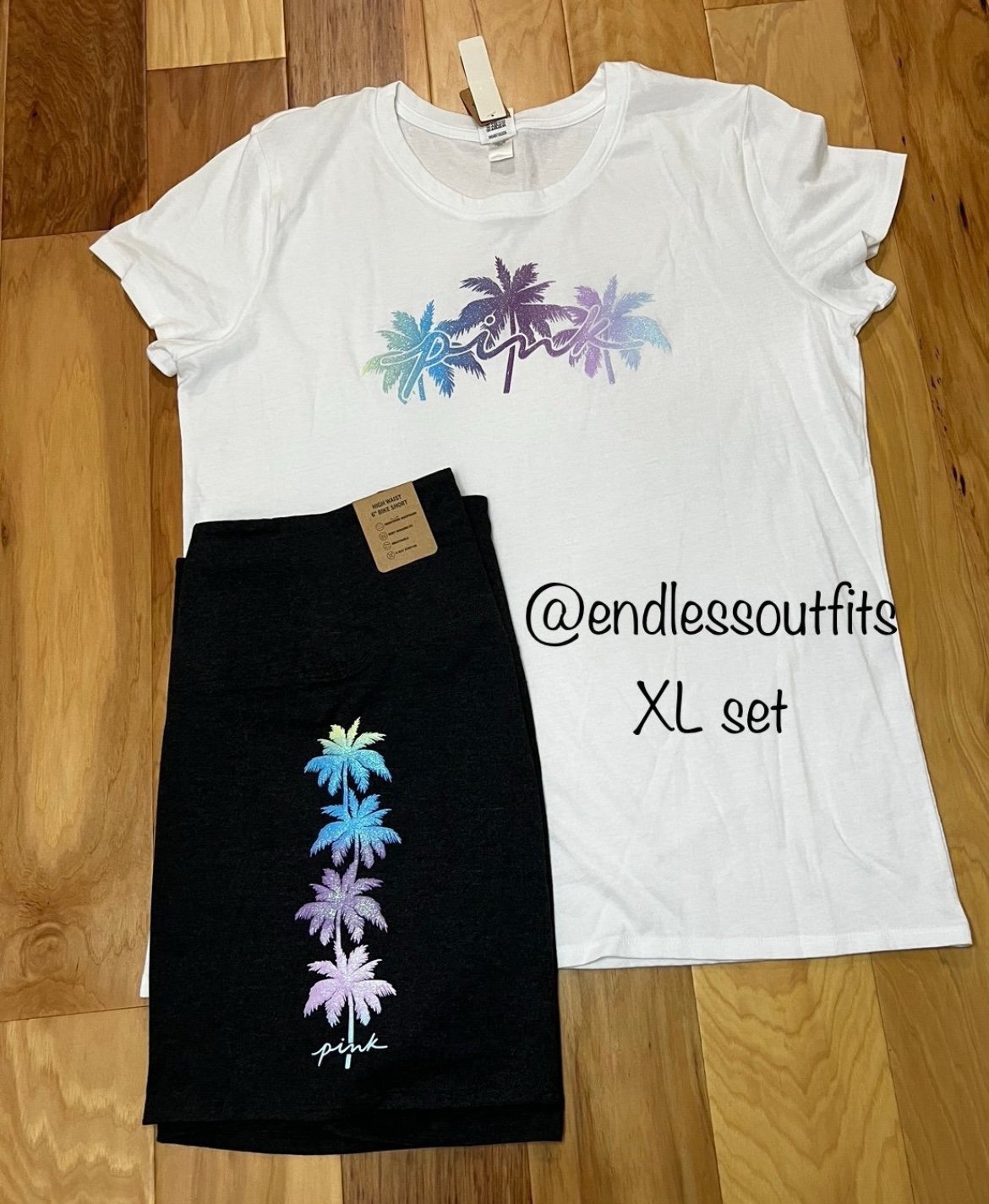 VS PINK BIKER SHORTS W/ WHITE KNIT TEE OUTFIT GRADIENT GLITTER PALM TREE XL SET