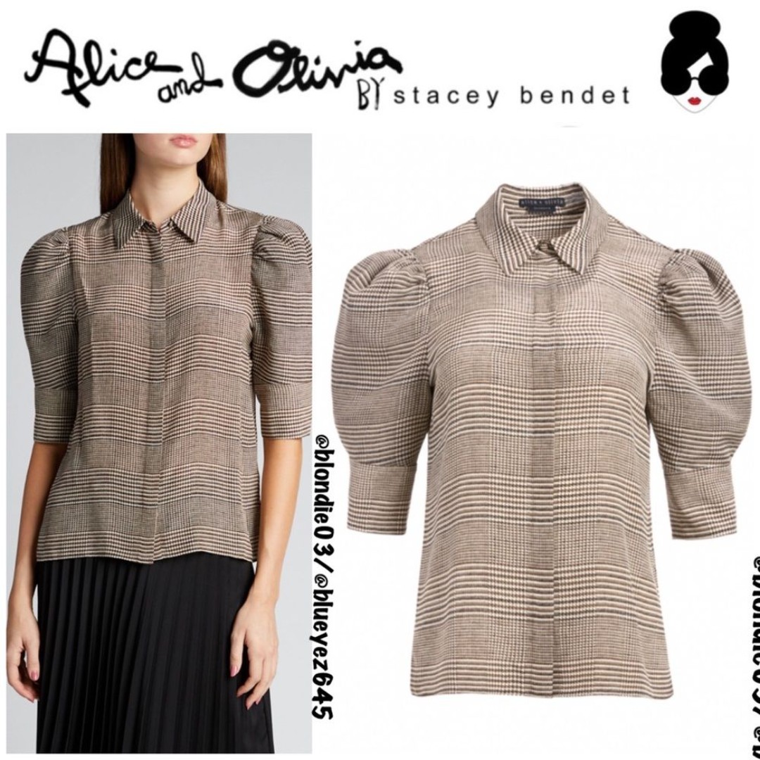 Alice + Olivia Will Prince Of Wales Check Puff-Sleeve Silk-Blend Blouse XS NWT