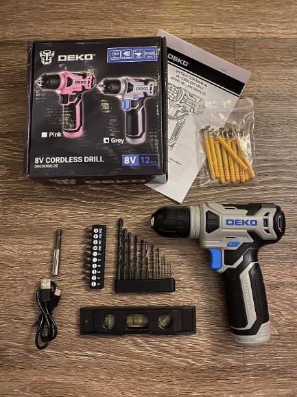8V Cordless Drill, Drill Set w/ 3/8 Keyless Chuck, Built-in LED, Type-C Charger