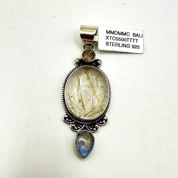 NWT Rutilated Quartz and Moonstone in solid sterling Bali silver pendant!