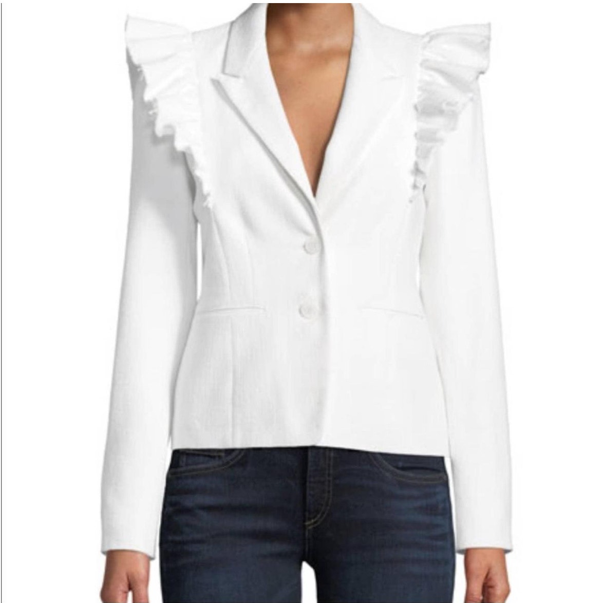 REBECCA TAYLOR Slub Suiting Ruffle-Shoulder Blazer Jacket In White SIZE 0 (XS)