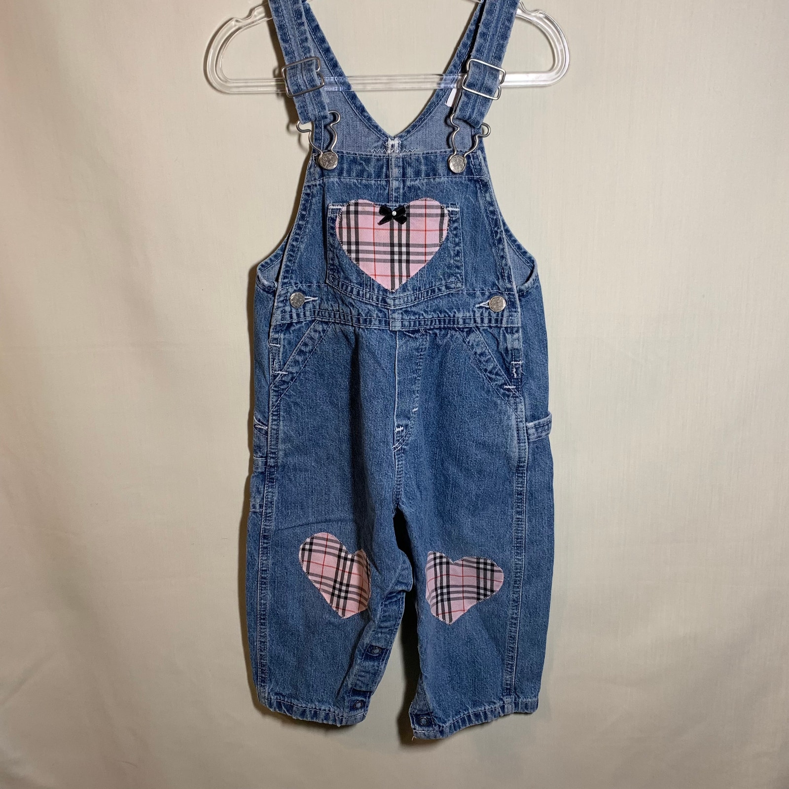 Vintage OshKosh Vestbak Overalls with Pink Plaid Hearts Made in USA