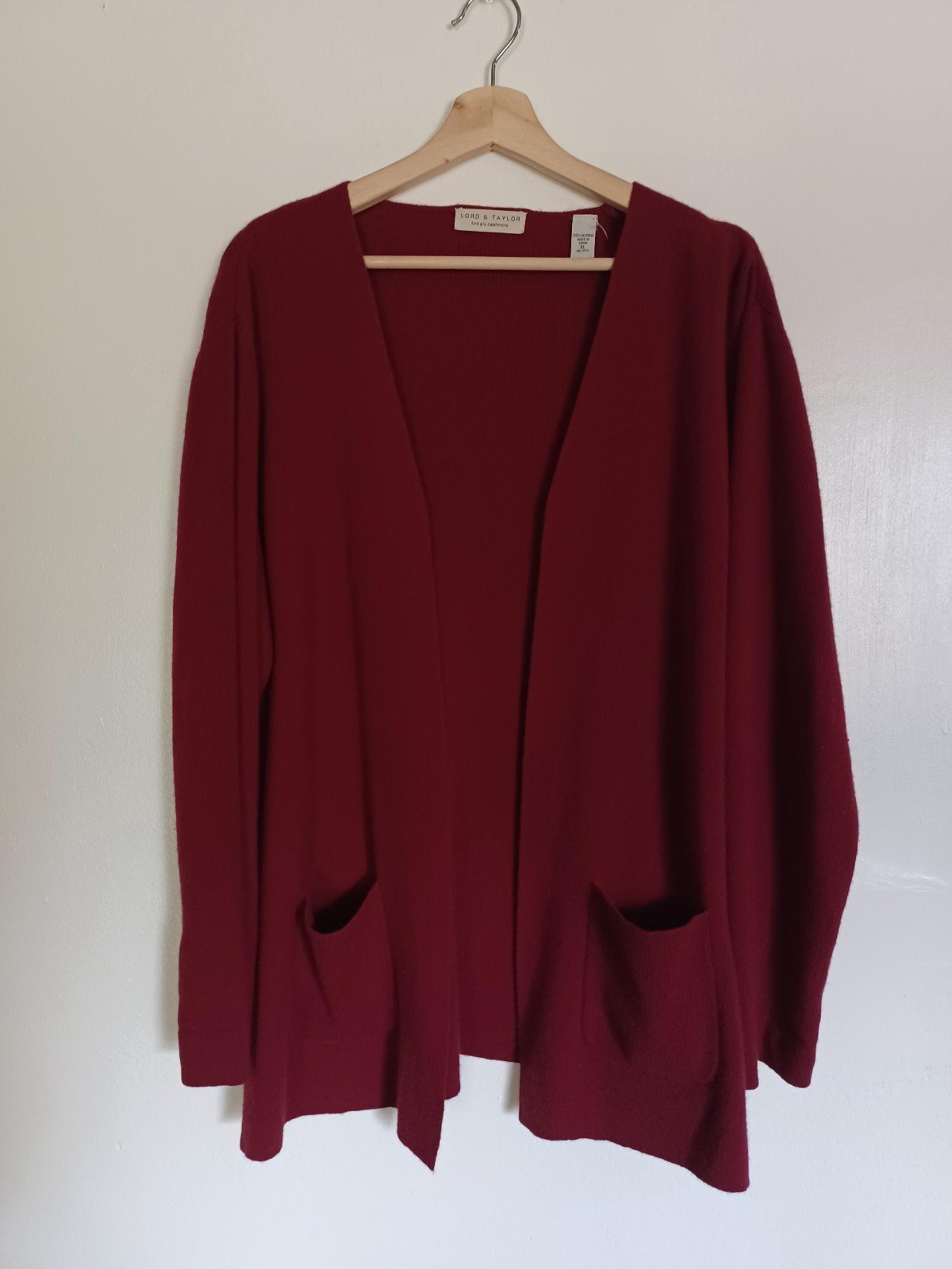 Lord & Taylor 100% Cashmere Burgundy Open Front Cardigan Size XL