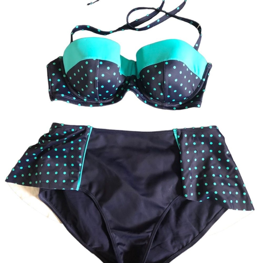 Spanx Retro Polka Dot Bikini 12 Navy Teal Flirty Balconette Top Skirt Bottom