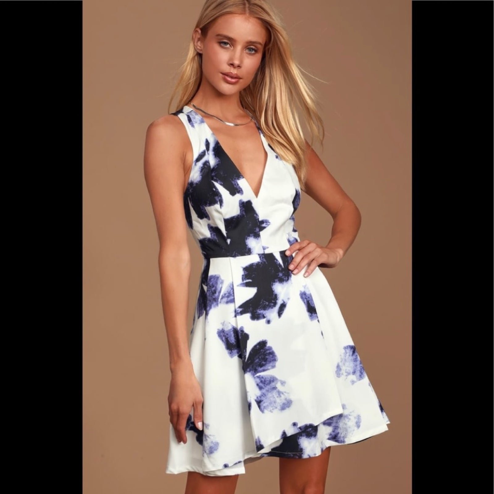 Lulus Seeing Chic Blue & Ivory Abstract Racerback Skater Mini Dress SMALL