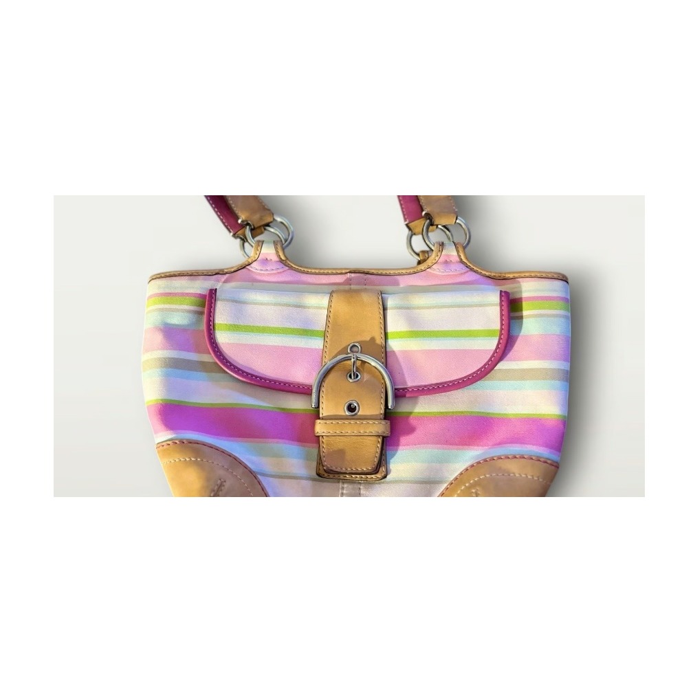 Coach Striped Satchel Purse Y2K Top Handle Bag Leather Trim Small