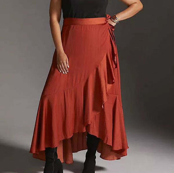 Anthropologie Maeve 3X NWT Ruffled Wrap Maxi Skirt Dark Orange Rust Plus New