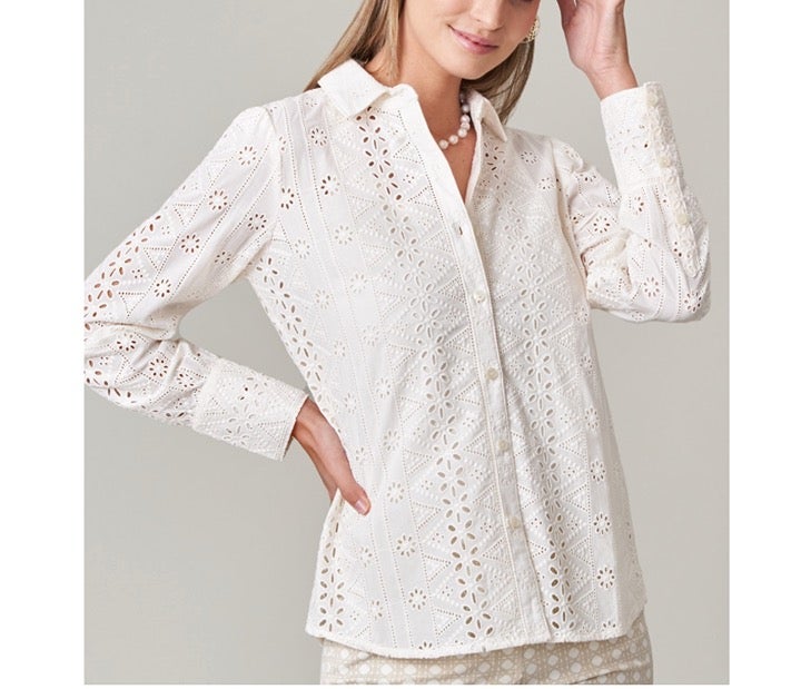 NWT Spartina 449 Brigette Eyelet Top Size S Button Down Shirt Ivory Cotton 188