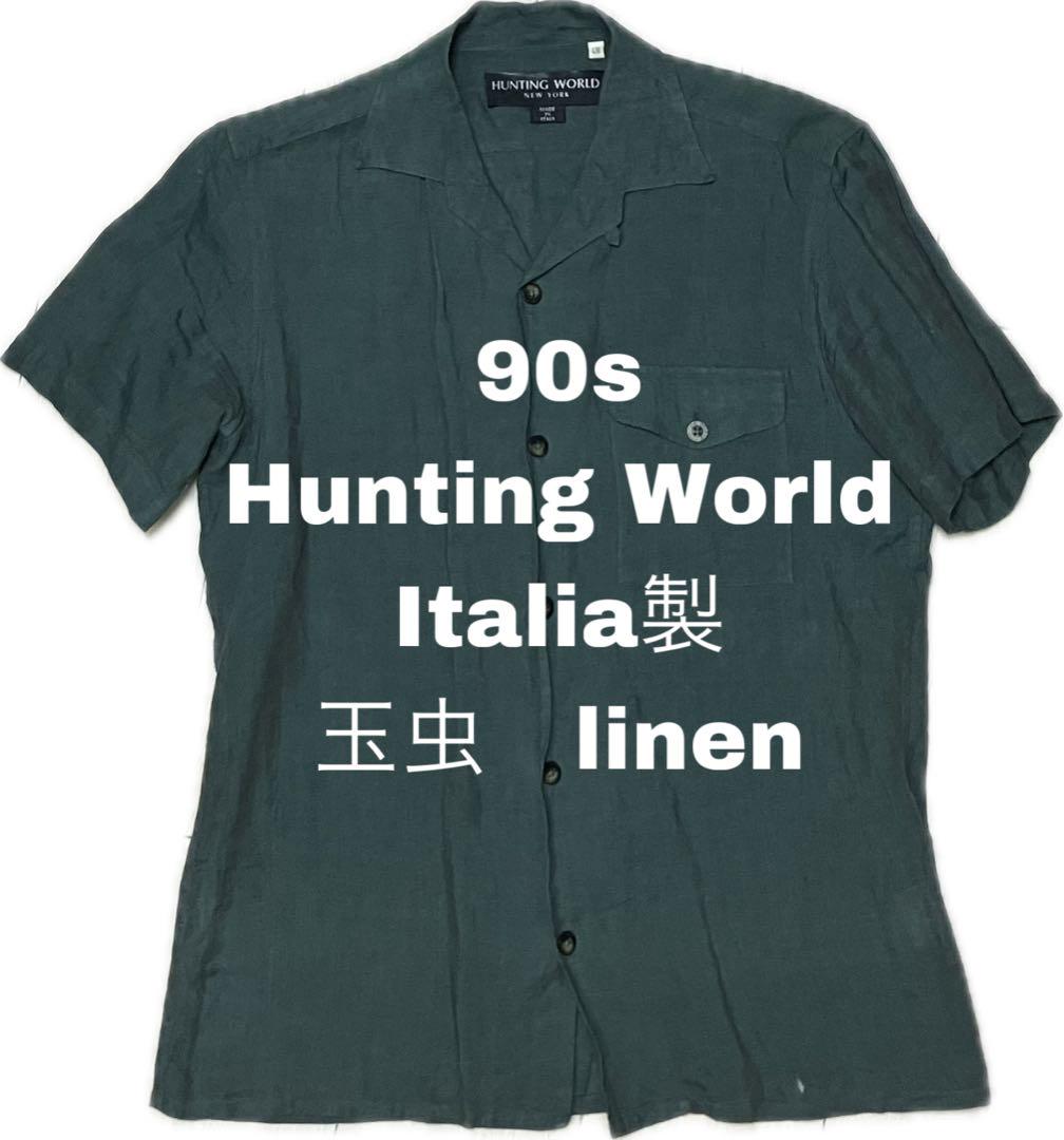 90s Hunting World Linen Shirt Green Iridescent Italia Made Open Collar