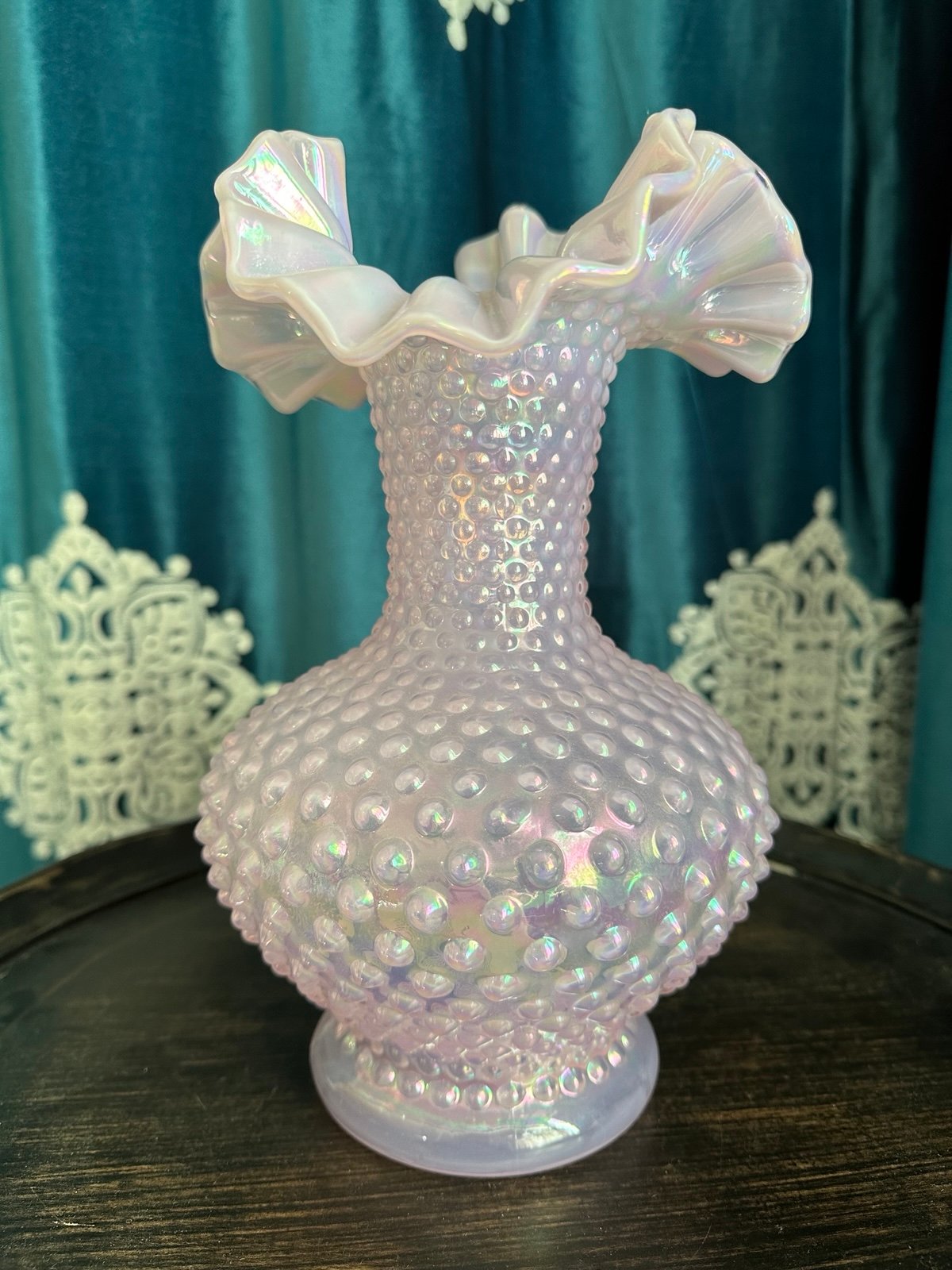 FENTON 10.5 Double Crimped Vase Hobnail Champagne Pink Iridescent Opalescent