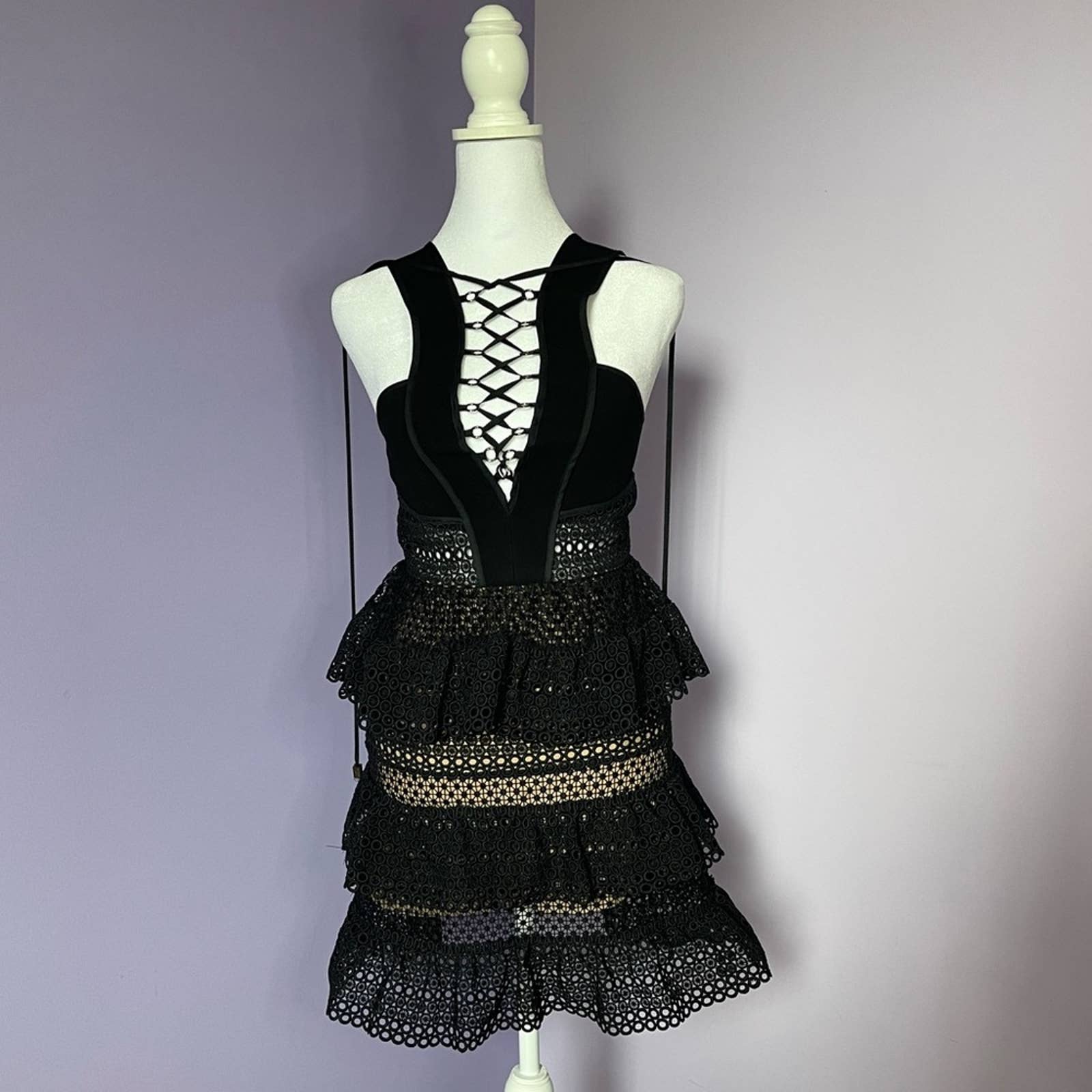 Self-Portrait Lace Up Plunging V Ruffle Mini Dress (US2/UK6)