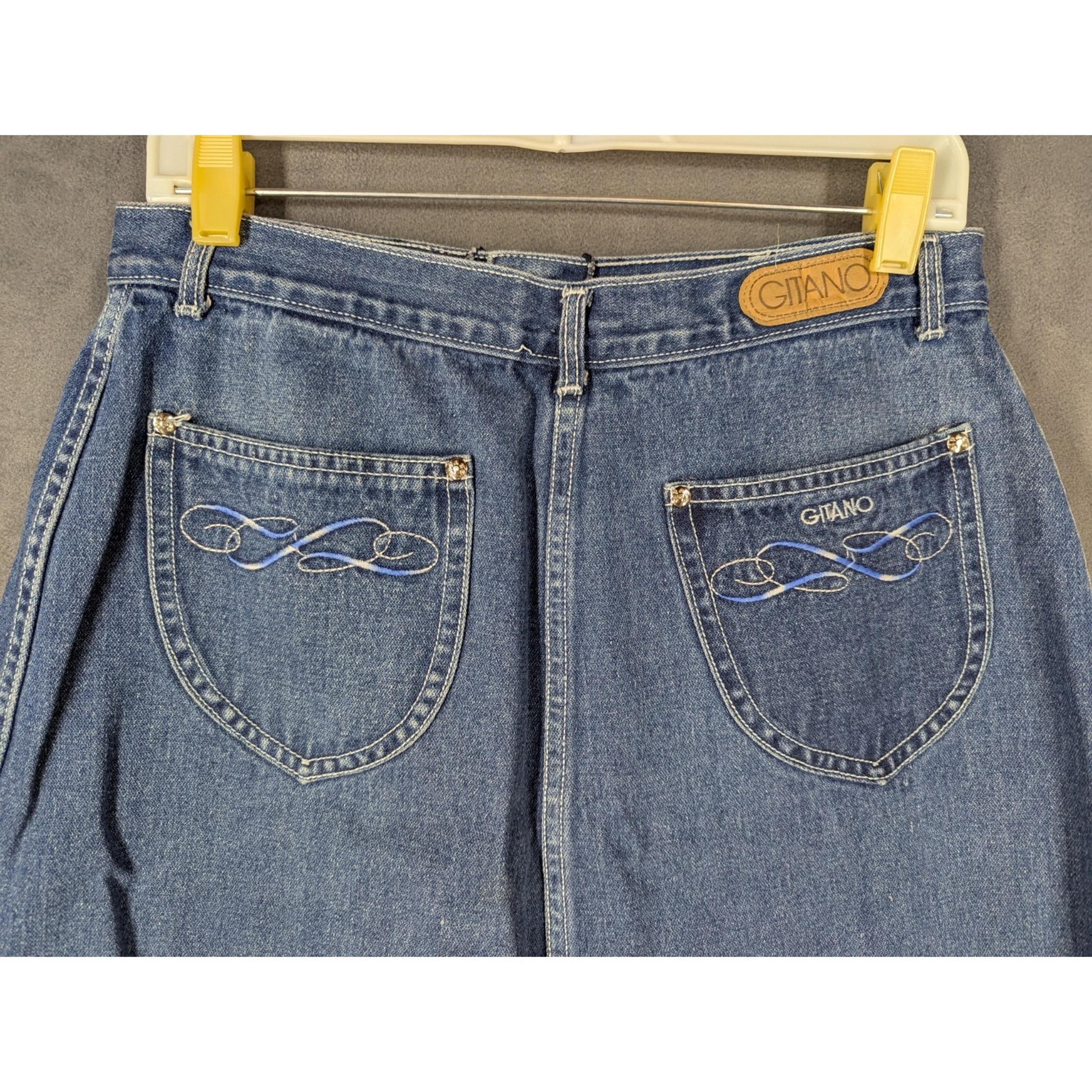 Size 32 Denim Skirt Women's A Line Embroidered Gitano Dark Wash Vintage