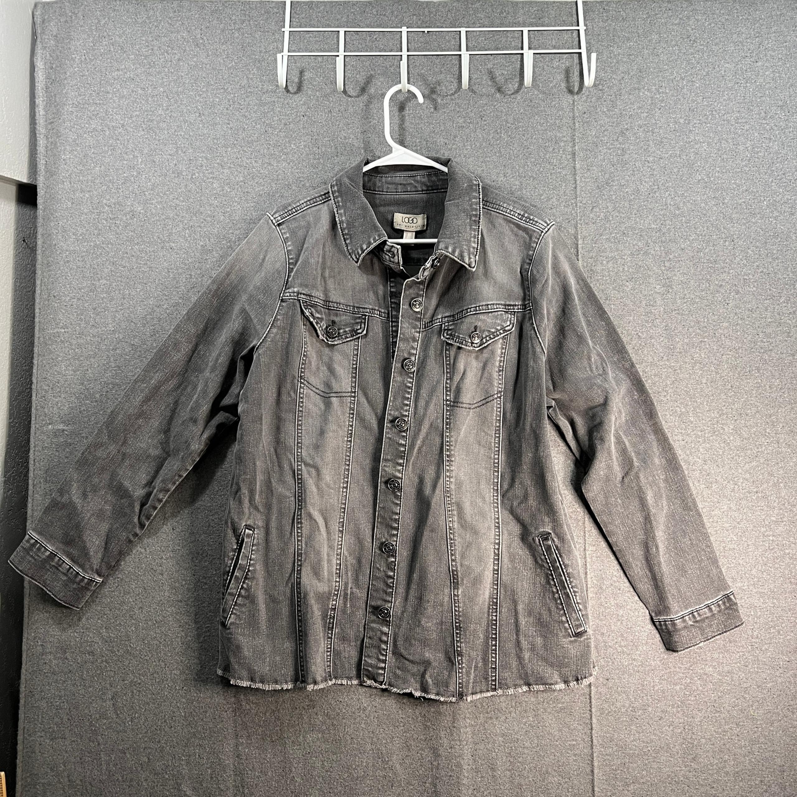 LOGO by Lori Goldstein Jeans Jacket Womens Size14 Black with Frayed Hem