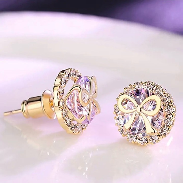 Gold Plated Purple Stud Earrings With Bow NEW