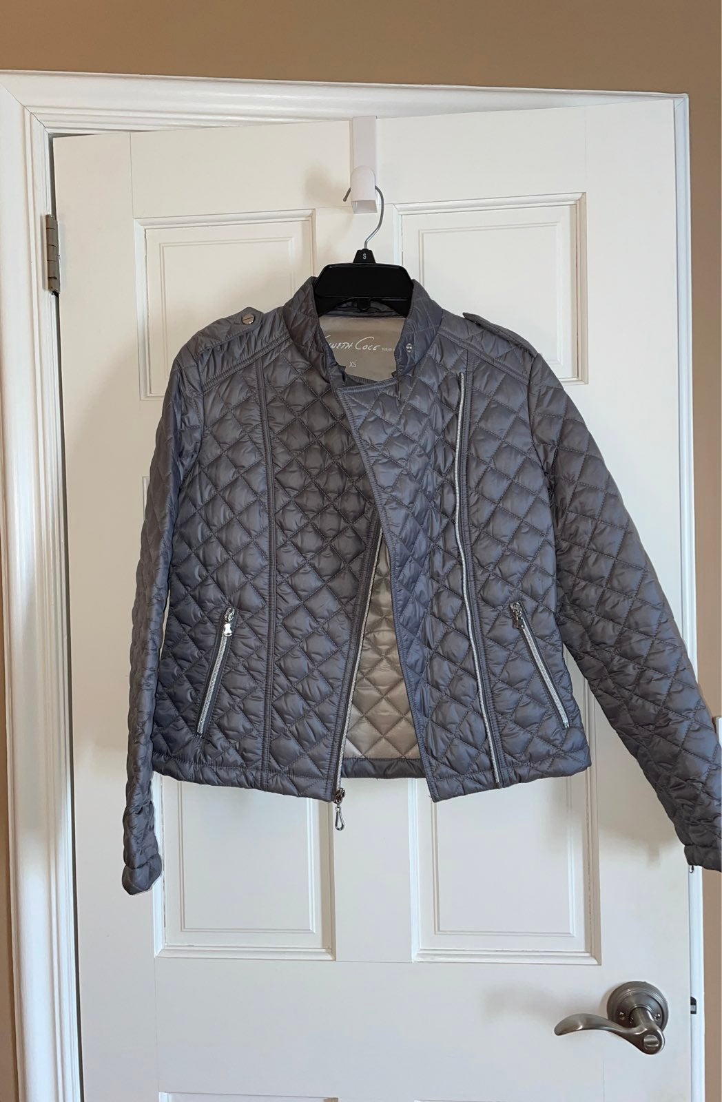 Kenneth Cole Silver Grey Quilted Moto Puffer Zip Jacket