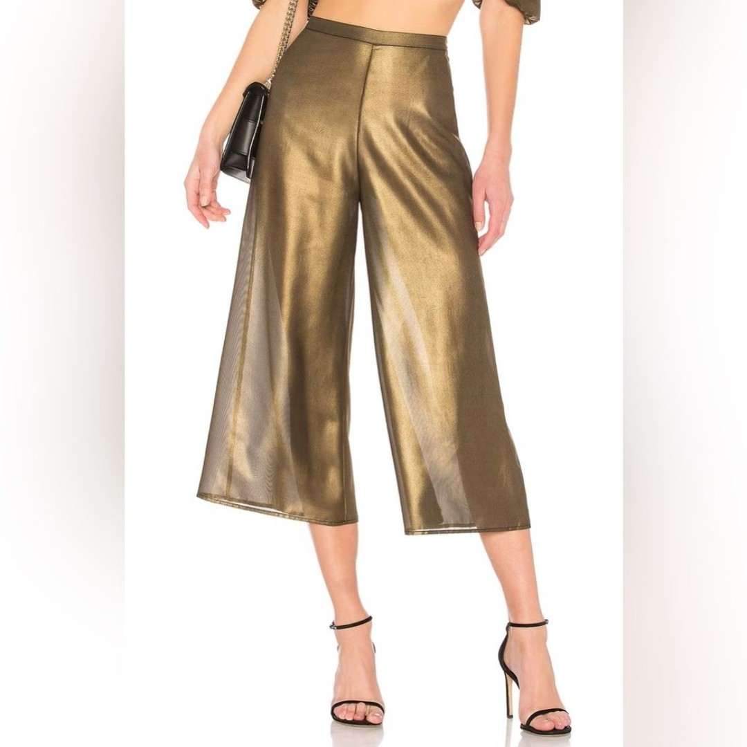 LPA Gold Metallic Sheer High Waisted Cropped Gaucho Wide Leg Pants Size S