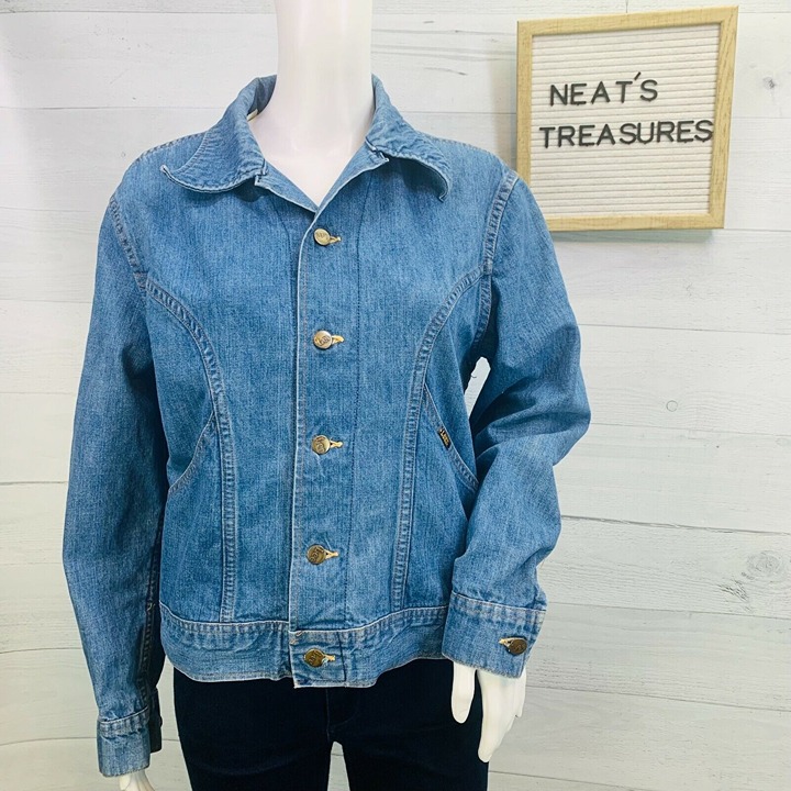 70's Lee Pleated Metal Buttons Lightweight Pockets Blue Denim Jean Jacket Sz L