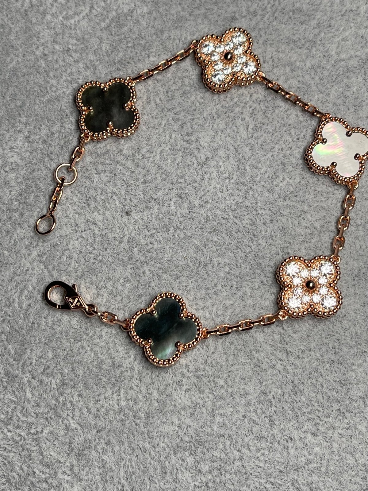 Clover Grey MOP cz bracelet 925 silver 18k rose gold plated 15mm clover 5 motifs