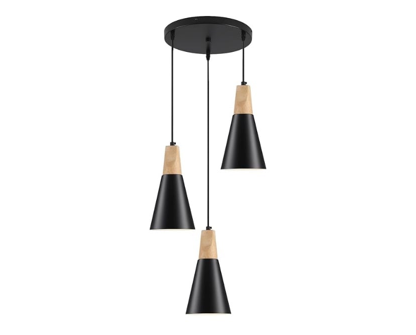 3-Light Black Wood Pendant Light Fixtures, Kitchen Island With Metal Shade