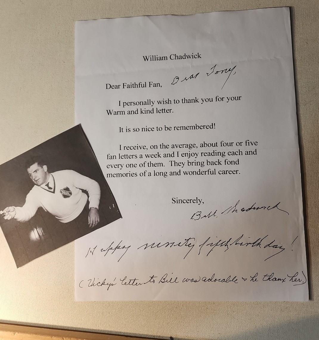 Bill Chadwick Referee autographed letter HOCKEY HALL OF FAME