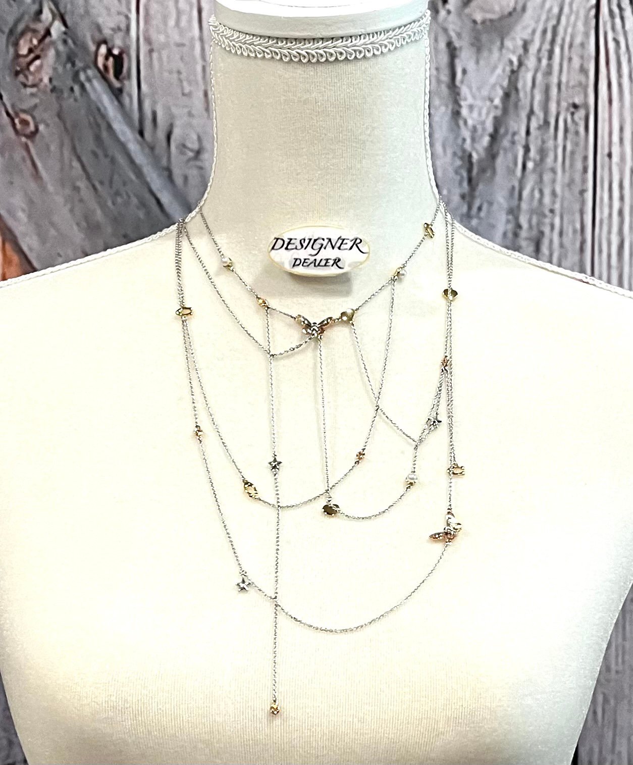 COACH Silver Tone Butterfly Crystal Star Pearl Signature C Charm Link Necklace
