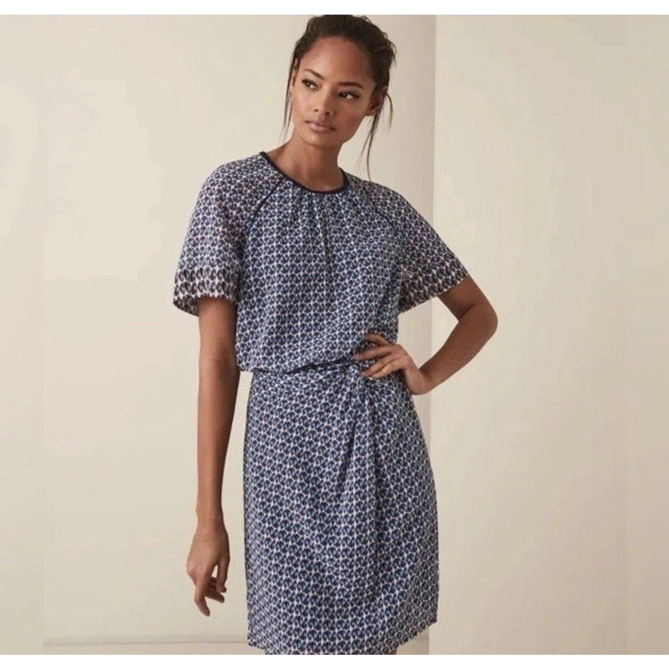 Reiss Heidi Diamond Print Blue Dress Short Sleeves Size 0 Career Office U14