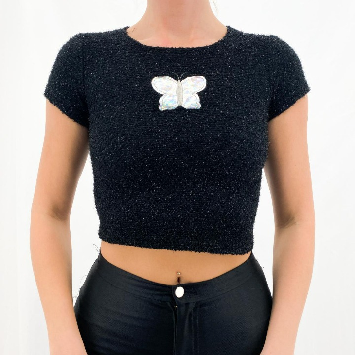 Y2k Black Glitter Fuzzy Crop Top w/ Silver Butterfly Embroidery [S]