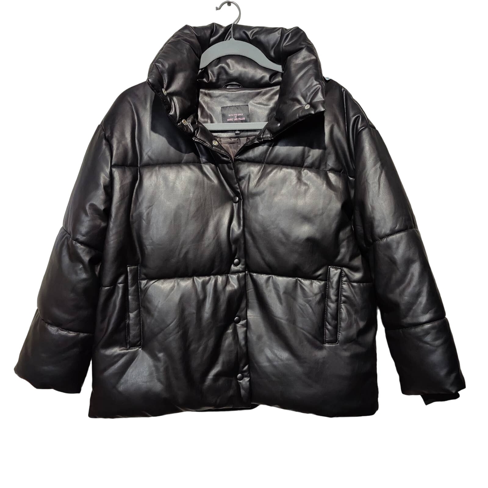 Avec les Filles With the Girls Sz XL Black Faux Leather Puffer Coat Oversized