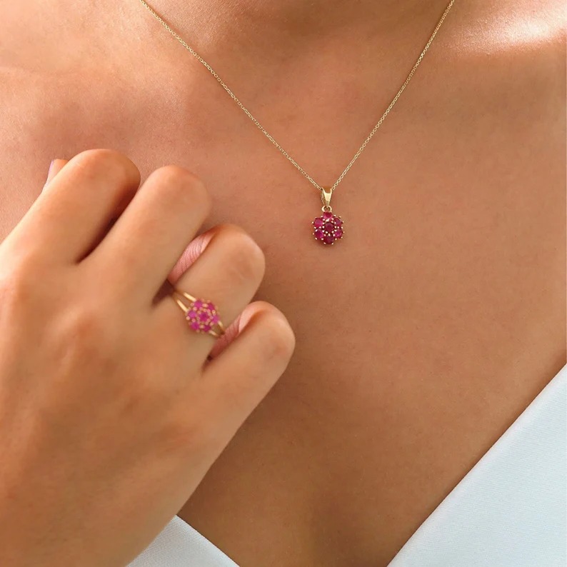 Hexagon Flower Red Ruby Necklace | 14k Gold Honeycomb Red Ruby Dainty Pendant