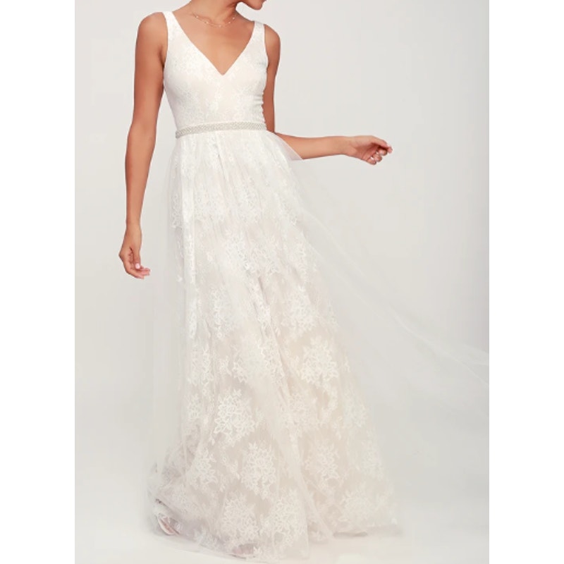 LULU'S S Ivory Sweet Love Lace Beaded V-Neck Sleeveless Maxi Dress NEW B26
