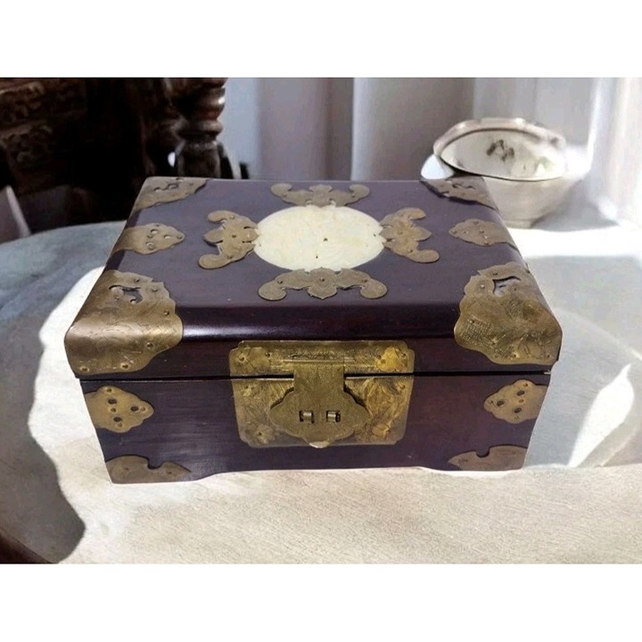 Vintage Chinese Rosewood Brass Jewelry Box Ornate Jade Inlay Pink Silk Interior
