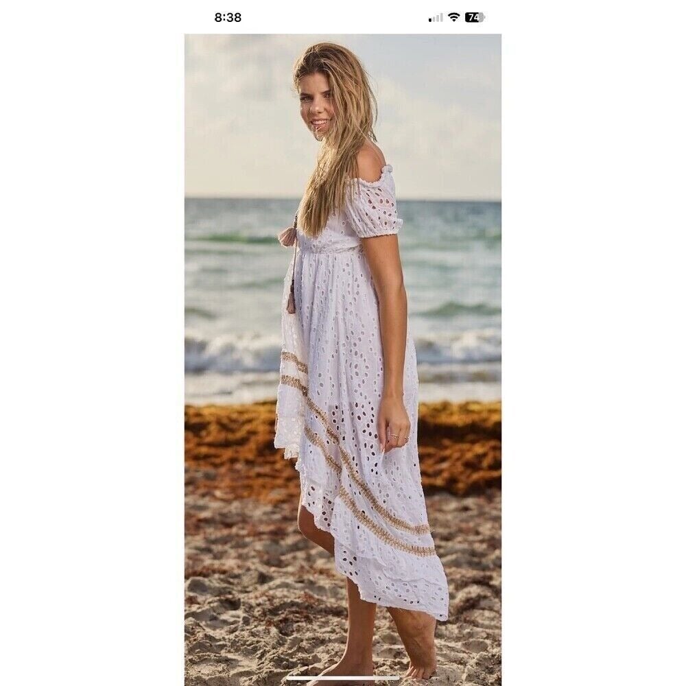 Eyelet Dress White Lace Tassel Trim Boho Summer Dress Women's