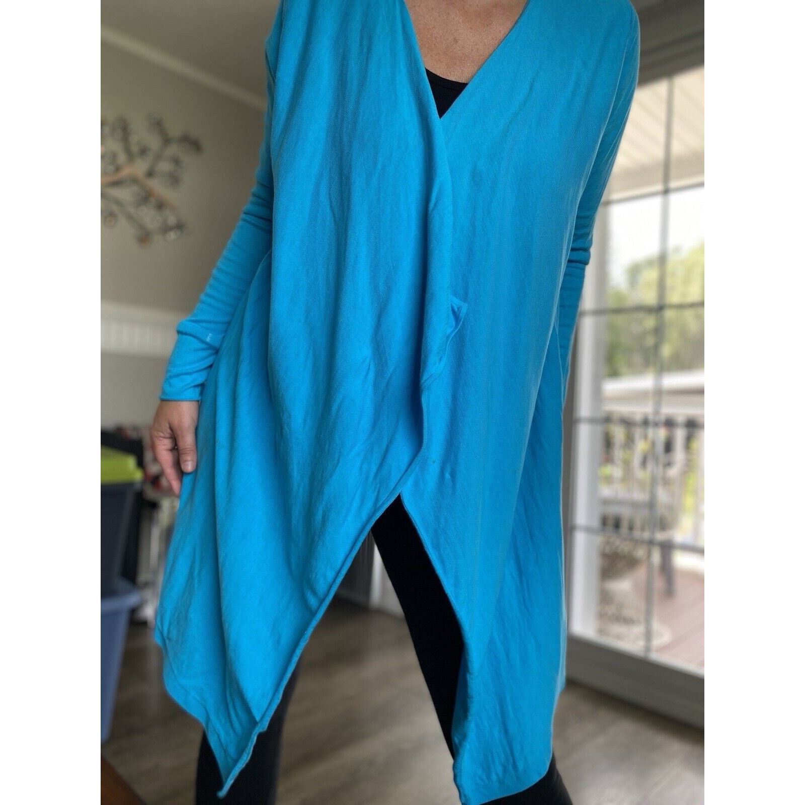 TORY BURCH Cardigan Blue Long Sleeve Open Front Draped Sweater L