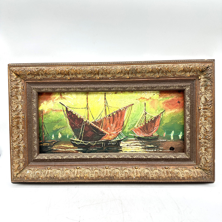 Original Painting Chinese Junk Ship Sailing Oil On Board Beautifully Framed