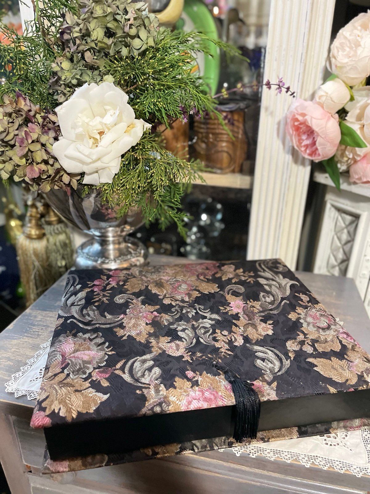 vintage Black Pink Floral tapestry fabric covered box tassel