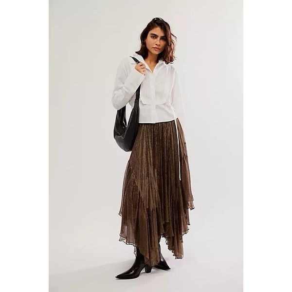 New Free people Clover Boho Elastic Waist Ruffled Brown Shine Lined Skirt/sz Xs