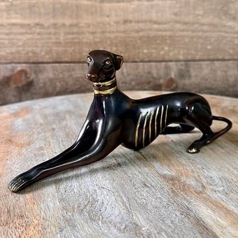 Vintage Art Deco Bronze Brass Cast Metal Whippet Laying Down Figure 8.5