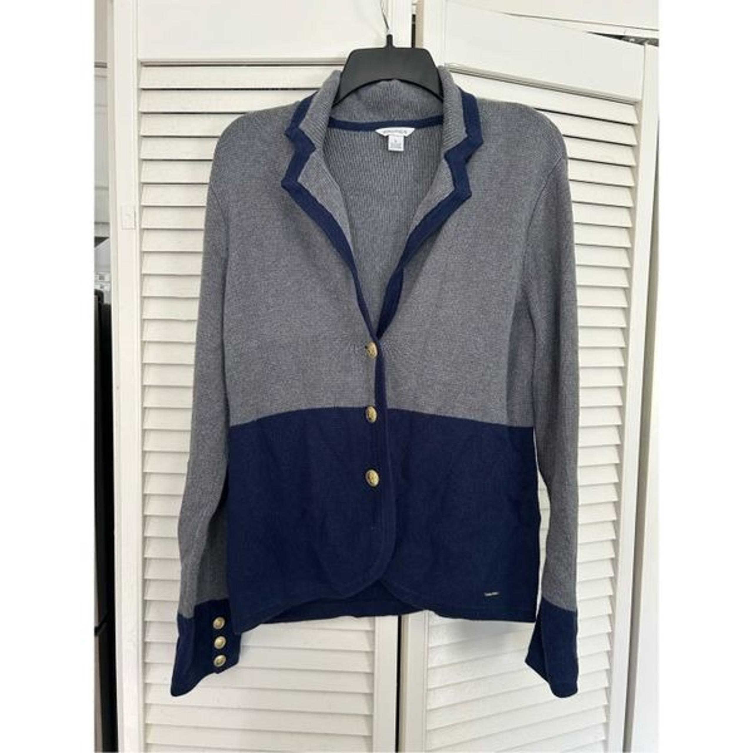 Nautica Navy Gray Colorblock Sweater Jacket Cardigan Gold Buttons, Sz Large